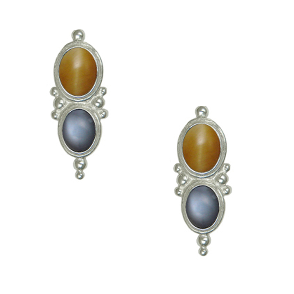 Sterling Silver Drop Dangle Earrings With Honey Tiger Eye And Grey Moonstone